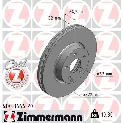 Kuva ZIMMERMANN COAT Z 400.3664.20 Jarrulevyt 322 32 6/5 5 112 tuuletettu sisältä pinnoitettu hiiliteräs MERCEDES BENZ: E sarja T modell, C modell