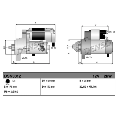 Kuva DENSO DSN3012 Starttimoottori 12 2 FIAT: Ducato III Van, Flatbed Kuorma auto / Alusta, Bussi, FORD: Transit Mk6 Van