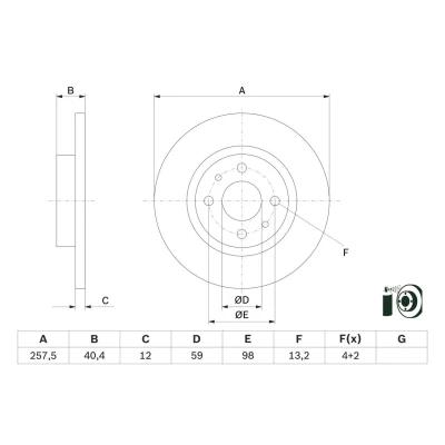 Kuva BOSCH 0 986 479 E65 Jarrulevyt 257,5 12 4 98 täysi pinnoitettu FIAT: Punto II Hatchback, 500 Panda III ALFA ROMEO: 145