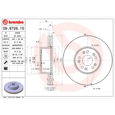 Kuva BREMBO 09.8726.10 Jarrulevyt 320 30 5 tuuletettu sisältä hiiliteräs Ruuveilla MERCEDES BENZ: S sarja Coupe, Sedan