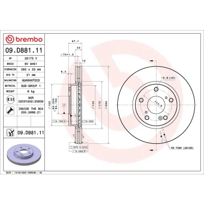 Kuva BREMBO 09.D881.11 Jarrulevyt 282 23 5 tuuletettu sisältä pinnoitettu Ruuveilla HONDA: CIVIC 10