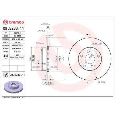 Kuva BREMBO 09.E233.11 Jarrulevyt 275 25 5 tuuletettu sisältä pinnoitettu