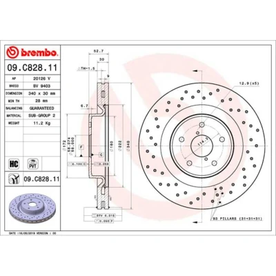 Kuva BREMBO 09.C828.11 Jarrulevyt 340 30 5 rei&#039;itetty/tuuletettu sisältä pinnoitettu hiiliteräs