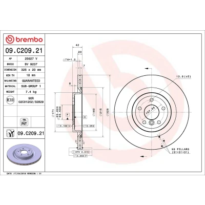 Kuva BREMBO COATED DISC LINE 09.C209.21 Jarrulevyt 325 20 5 tuuletettu sisältä pinnoitettu JAGUAR: XF Sedan