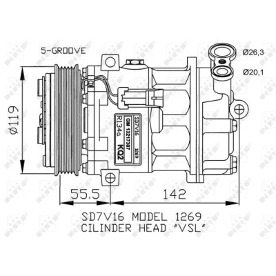 Kuva NRF 32818G Ilmastoinnin Kompressori SD7V16 1269 12 PAG 46 kompressoriöljyllä OPEL: Vectra C Sedan