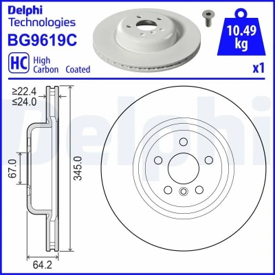 Kuva DELPHI Jarrulevy BMW: 5 Sedan, Touring, 3 Sedan 345mm 24mm Tuuletettu pinnoitettu hiiliteräs BG9619C 34208853554 Jarrulevyt