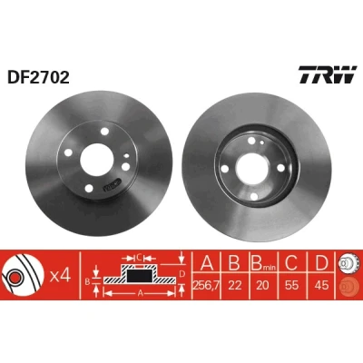 Kuva TRW DF2702 Jarrulevyt 257 22 4 100 Tuuletettu Lakattu MAZDA: FAMILIA 4, MX 5 I, 323 F 6