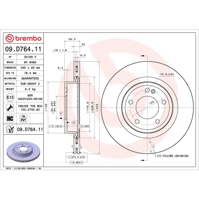 Kuva BREMBO 09.D764.11 Jarrulevyt 345 22 5 tuuletettu sisältä pinnoitettu hiiliteräs Ruuveilla
