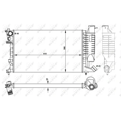Kuva NRF 50425 Jäähdytin Alumiini 610 378 34 Jäähdytysrivat mekaan. kiinnitetyt PEUGEOT: 306 Hatchback, Sedan