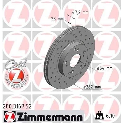 Kuva ZIMMERMANN SPORT COAT Z 280.3167.52 Jarrulevyt 282 23 9/5 5 114 tuuletettu sisältä, reijitetty pinnoitettu HONDA: CR V 2, CIVIC 7 Hatchback, Stream I