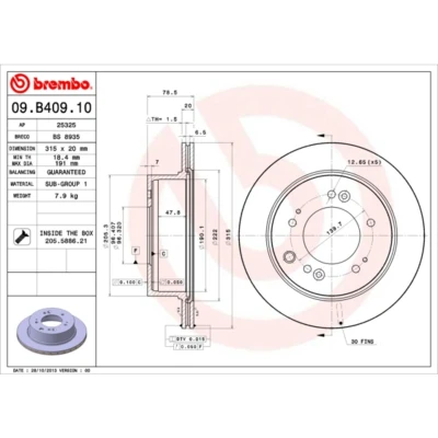 Kuva BREMBO 09.B409.10 Jarrulevyt 315 20 5 tuuletettu sisältä Ruuveilla KIA: SORENTO 1