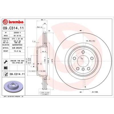 Kuva BREMBO COATED DISC LINE 09.C314.11 Jarrulevyt 370 24 5 tuuletettu sisältä pinnoitettu hiiliteräs Ruuveilla BMW: 7, GT