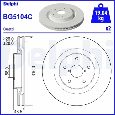 Kuva DELPHI Jarrulevy 316mm 28mm 5 Tuuletettu pinnoitettu BG5104C 26300AN010,26300SJ010 Jarrulevyt