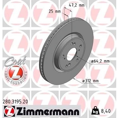 Kuva ZIMMERMANN 280.3195.20 Jarrulevyt 312 25 8/5 5 114 tuuletettu sisältä pinnoitettu