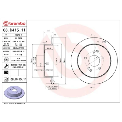 Kuva BREMBO 08.D415.11 Jarrulevyt 284 10 5 täysi pinnoitettu hiiliteräs Ruuveilla SSANGYONG: Korando III SUV, Tivoli IV SUV