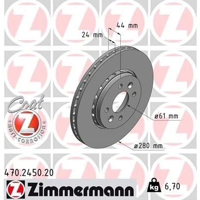 Kuva ZIMMERMANN COAT Z 470.2450.20 Jarrulevyt 280 24 6/4 4 100 Tuuletettu, ulko pinnoitettu hiiliteräs RENAULT: MEGANE 2 Stufenheck, Captur, DACIA: Lodgy