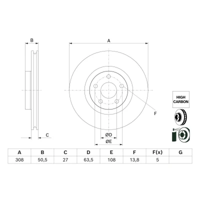 Kuva BOSCH Jarrulevy FORD: Focus Mk4 Hatchback, Turnier 308mm 27mm 5 108mm Tuuletettu pinnoitettu hiiliteräs 0 986 479 H51 2305506 Jarrulevyt