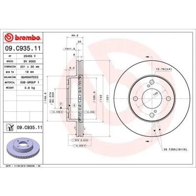 Kuva BREMBO 09.C935.11 Jarrulevyt 231 20 4 tuuletettu sisältä pinnoitettu