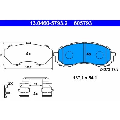 Kuva ATE 13.0460 5793.2 Jarrupalat akustisella kulumavaroittimella Huudonvaimennuspellillä Tarvikkeilla SUBARU: Impreza II Sedan, III Hatchback