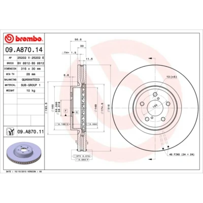 Kuva BREMBO COATED DISC LINE 09.A870.11 Jarrulevyt 316 30 5 tuuletettu sisältä pinnoitettu SUBARU: Legacy 4 Limousine, Forester IV, Outback IV