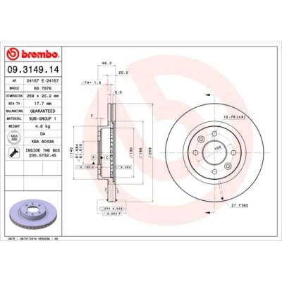Kuva BREMBO 09.3149.14 Jarrulevyt 259 20,2 4 tuuletettu sisältä Ruuveilla