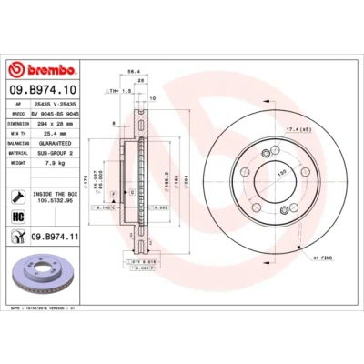 Kuva BREMBO COATED DISC LINE 09.B974.11 Jarrulevyt 294 28 5 tuuletettu sisältä pinnoitettu hiiliteräs Ruuveilla SSANGYONG: Rexton W, / 2