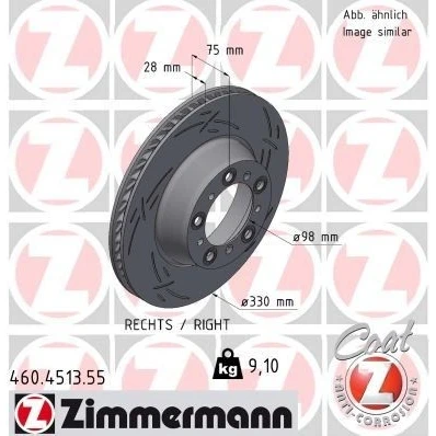 Kuva ZIMMERMANN Jarrulevy 330mm 28mm 10/5 5 aukko 130mm tuuletettu sisältä, lovella pinnoitettu 460.4513.55 99135240401,9P1615602 Jarrulevyt