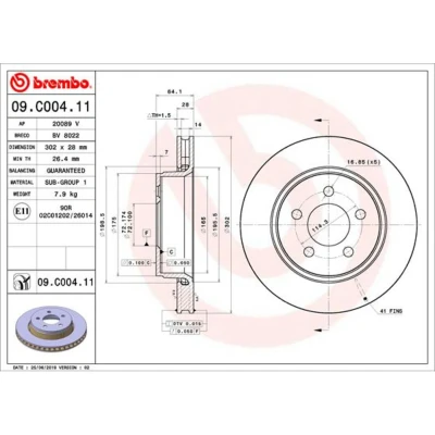 Kuva BREMBO 09.C004.11 Jarrulevyt 302 28 5 tuuletettu sisältä pinnoitettu DODGE: Nitro SUV, JEEP: Compass