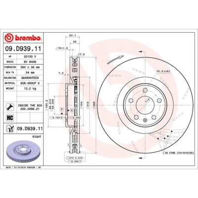 Kuva BREMBO 09.D939.11 Jarrulevyt 360 36 5 tuuletettu sisältä, lovella pinnoitettu hiiliteräs Ruuveilla PORSCHE: Macan