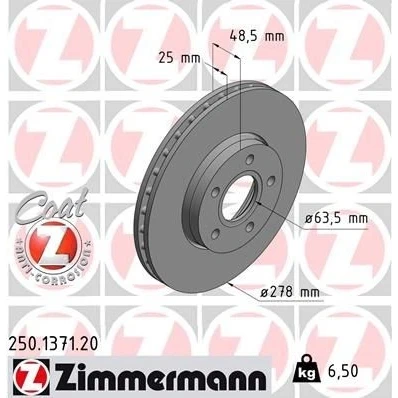 Kuva ZIMMERMANN COAT Z 250.1371.20 Jarrulevyt 278 25 5/5 5 108 tuuletettu sisältä pinnoitettu FORD: FOCUS 3 Turnier, 3, C Max 2