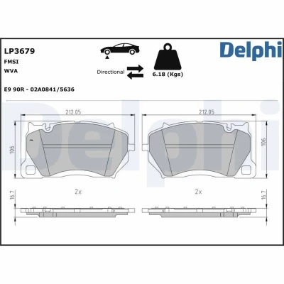 Kuva DELPHI LP3679 Jarrupalat Kulumisenilmaisemelle Huudonvaimennuspellillä Ilman tarvikkeita PORSCHE: Cayenne Coupe