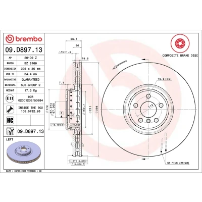 Kuva BREMBO 09.D897.13 Jarrulevyt 395 36 5 tuuletettu sisältä, kaksiosainen jarrulevy pinnoitettu hiiliteräs Ruuveilla BMW: 7, X7