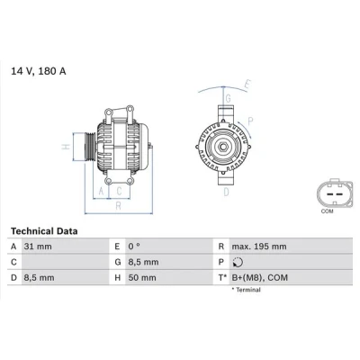 Kuva BOSCH 0 986 081 910 Laturi 14V 180A MERCEDES BENZ: Sprinter 3.5 T Van, Bussi, Vito Bussi
