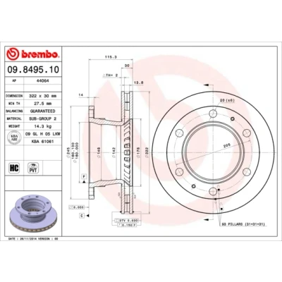 Kuva BREMBO 09.8495.10 Jarrulevyt 322 30 6 tuuletettu sisältä hiiliteräs