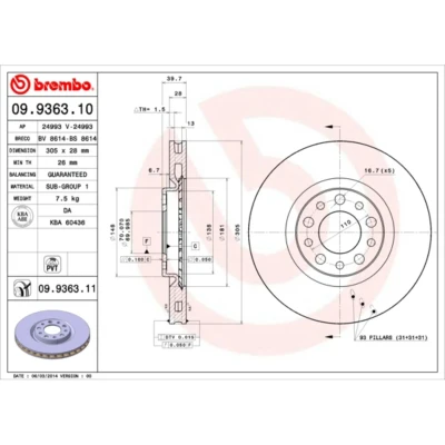 Kuva BREMBO COATED DISC LINE 09.9363.11 Jarrulevyt 305 28 5 tuuletettu sisältä pinnoitettu ALFA ROMEO: 159 Sportwagon, Sedan, Brera