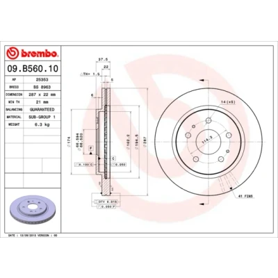 Kuva BREMBO 09.B560.10 Jarrulevyt 287 22 5 tuuletettu sisältä