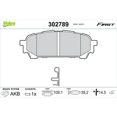 Kuva VALEO 302789 Jarrupalat Taka akseli ilman kulumisenilmaisinta ruuveja, huudonvaimennuspeltiä SUBARU: Impreza II Sedan, Forester