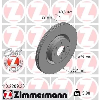 Kuva ZIMMERMANN COAT Z 110.2209.20 Jarrulevyt 284 22 6/4 4 98 tuuletettu sisältä pinnoitettu FIAT: BRAVO 2, Stilo Multi Wagon, Linea, LANCIA: DELTA 3