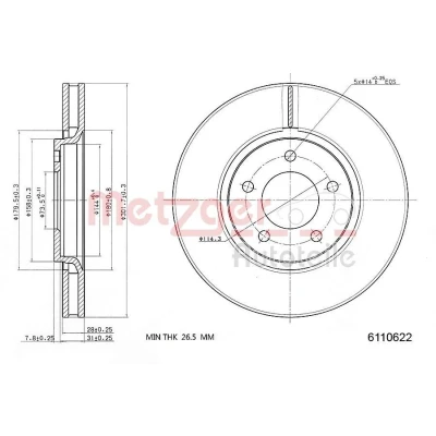 Kuva METZGER 6110622 Jarrulevyt Etuakseli 301,8 28 5 114,3 tuuletettu sisältä Lakattu, Ristiinhionta CHRYSLER: VOYAGER 4
