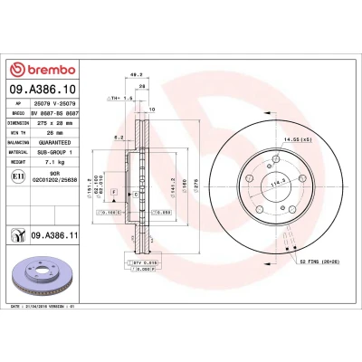 Kuva BREMBO COATED DISC LINE 09.A386.11 Jarrulevyt 275 28 5 tuuletettu sisältä pinnoitettu TOYOTA: Camry IV Sedan, Avensis Verso, V Sedan