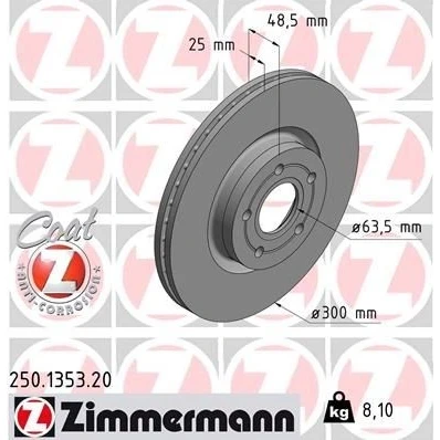 Kuva ZIMMERMANN COAT Z 250.1353.20 Jarrulevyt 300 25 5/5 5 108 tuuletettu sisältä pinnoitettu FORD: FOCUS 2 Kombi, 2, 3 Turnier, VOLVO: S40 II