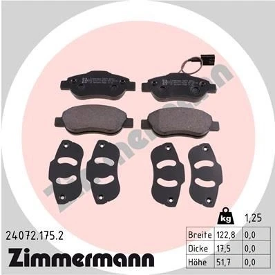 Kuva ZIMMERMANN 24072.175.2 Jarrupalat Sis. kulumisenilmaisimen Valokuva vastaa toimituslaajuutta FIAT: 500 Hatchback, FORD: KA Hatchback