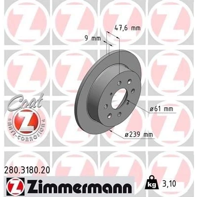Kuva ZIMMERMANN COAT Z 280.3180.20 Jarrulevyt 239 9 8/4 4 100 täysi pinnoitettu HONDA: Jazz 3, 2, CIVIC 6 Stufenheck