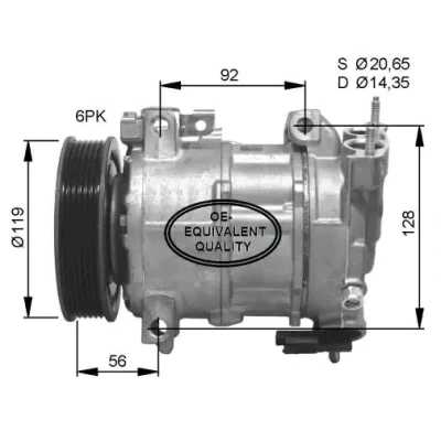 Kuva NRF 32593 Ilmastoinnin Kompressori 6SEL16C 12 PAG 46 kompressoriöljyllä, Tiivisterenkaalla PEUGEOT: 5008 I, 3008 I