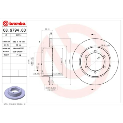 Kuva BREMBO 08.9794.60 Jarrulevyt 280 16 6 täysi NISSAN: Cabstar