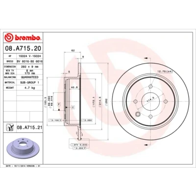 Kuva BREMBO COATED DISC LINE 08.A715.21 Jarrulevyt 292 9 4 täysi pinnoitettu NISSAN: Tiida Hatchback, Sedan