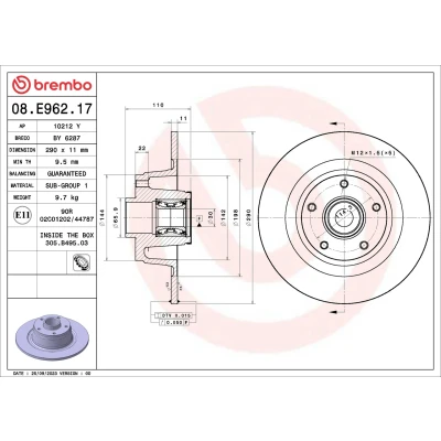 Kuva BREMBO Jarrulevy RENAULT: Megane 4 290mm 11mm 5 täysi 08.E962.17 432020912R Jarrulevyt
