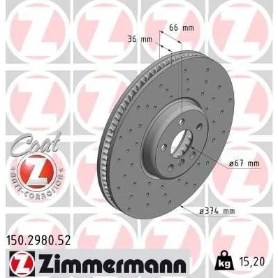 Kuva ZIMMERMANN 150.2980.52 Jarrulevyt 374 36 6/5 5 112 tuuletettu sisältä, reijitetty pinnoitettu hiiliteräs BMW: 3 Sedan, Touring
