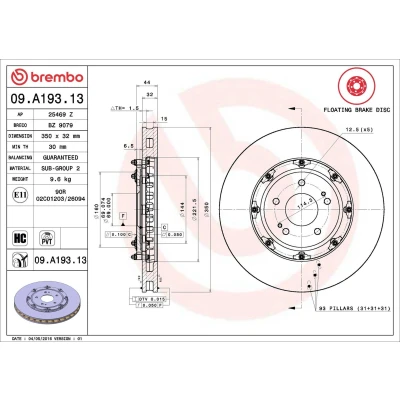 Kuva BREMBO TWO PIECE FLOATING DISCS LINE 09.A193.13 Jarrulevyt 350 32 5 tuuletettu sisältä, kaksiosainen jarrulevy pinnoitettu hiiliteräs