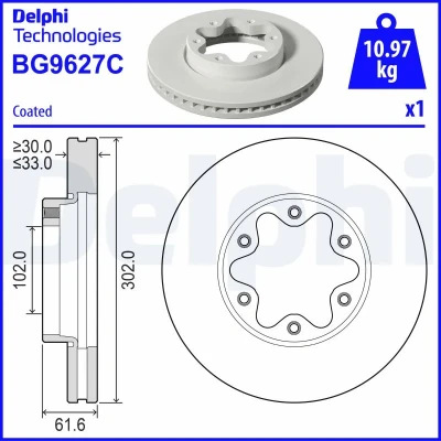 Kuva DELPHI Jarrulevy FORD: Transit Mk7 Van 302mm 33mm 6 Tuuletettu pinnoitettu BG9627C 2487243,LK411125AC Jarrulevyt